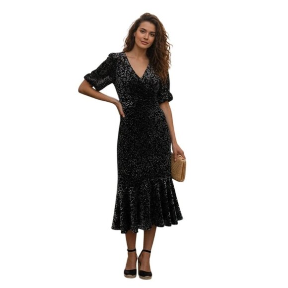 Shoshanna Collette Black Gray Velvet Dot Midi Dress NWT  - Size 8 - Picture 1 of 10